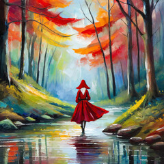 숲속에서 빨간 후드를 착용한 여성 그림 - obrazy, fototapety, plakaty