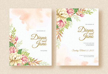 Fototapeta na wymiar Wedding invitation card with corner of floral watercolor arrangement