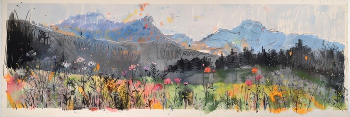 Mixed media sketch design of mountains - Black white and pastel colors, simple, uncluttered visual style with loose strokes, pencil, pen, ink, pasted collage created with Generative AI Technology