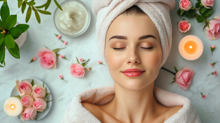 Woman with head wrapped in a towel in a spa environment. Relax, spa and zen woman with candles for beauty, physical therapy or skin care