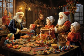 Santa Claus shares cookies with children