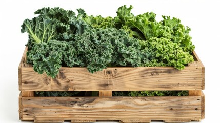 freshly harvested kale cabbage in a wooden crate on a white background