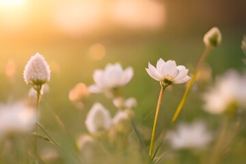 dream fantasy soft focus sunset field landscape of white flowers and grass meadow warm golden hour sunset sunrise time bokeh tranquil spring summer nature closeup abstract blurred forest background Ge
