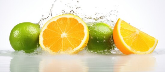Citrus fruits like oranges, limes, and Rangpur splashing in the water. They are ingredients that add a sweet zest to food recipes