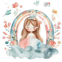 Watercolor princess girl in pastel dreamland, floral whimsy meets fairy tale charm amidst soft boho rainbow