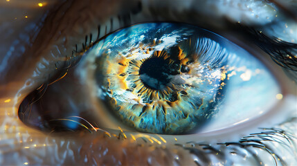 Human Eye in super close up and detailed with earth reflection 