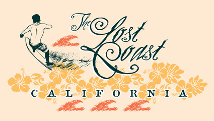 Vector illustration of surfer with text and tropical flowers.