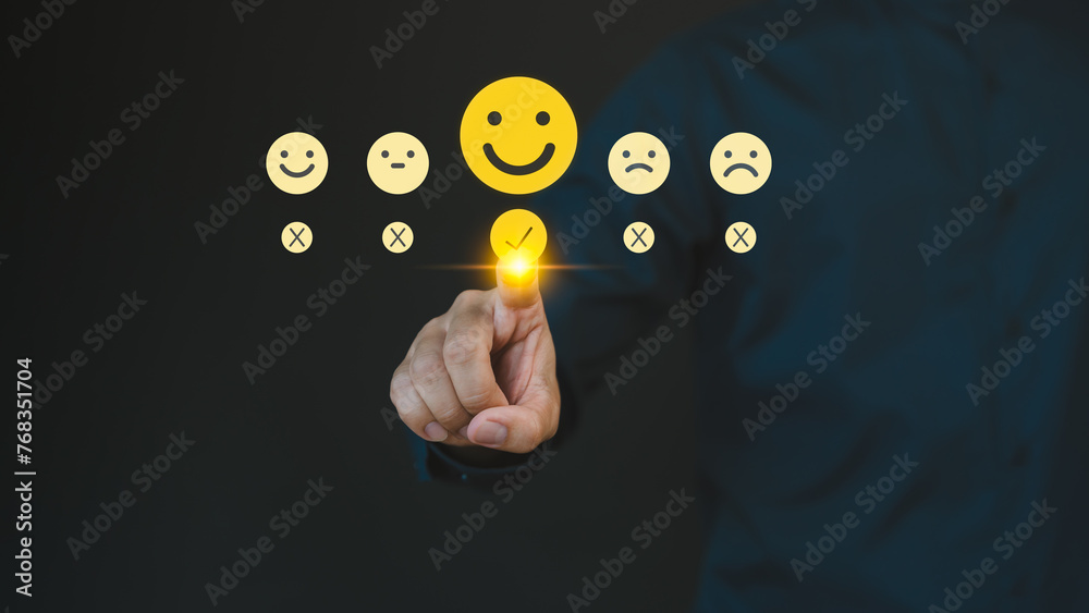 Aufkleber Engage with customer satisfaction through a virtual screen interface, where users can express contentment by selecting a happy smile face icon, emphasizing service excellence and feedback assessment.