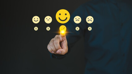 Engage with customer satisfaction through a virtual screen interface, where users can express contentment by selecting a happy smile face icon, emphasizing service excellence and feedback assessment. - 768351704