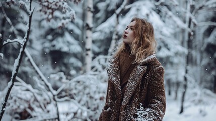 Winter fashion editorial with a model in luxurious coats amidst a snowy forest, capturing the contrast of warmth and cold low texture