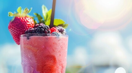 Refreshing smoothie with a backdrop of bright, sunny day, energy boost low texture