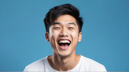 young asian man on plain bright blue background laughing hysterically looking at camera background banner template ad marketing concept from Generative AI