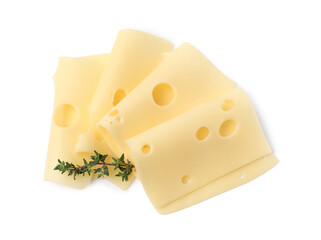 Slices of tasty fresh cheese and thyme isolated on white, top view