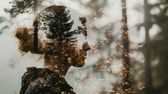 Portrait with a double exposure effect, blending the subject with a forest landscape, creating a dreamy, ethereal look hyper realistic