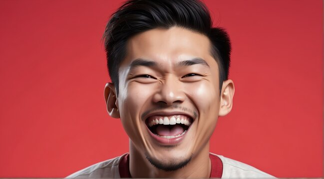 young asian man on plain bright red background laughing hysterically looking at camera background banner template ad marketing concept from Generative AI