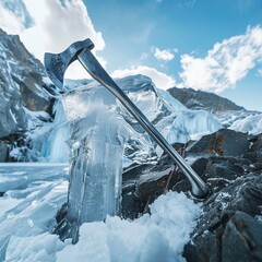 Ice climbing axes embedded in a block of ice, conquering nature no dust