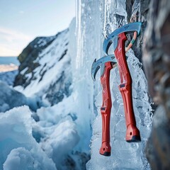 Ice climbing axes embedded in a block of ice, conquering nature no dust - obrazy, fototapety, plakaty