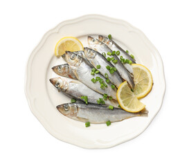 Fresh raw sprats, green onion and cut lemon isolated on white, top view