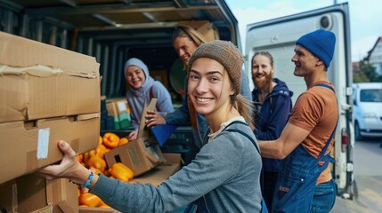 Smiling of volunteers packing food into cardboard boxes outside truck. Group volunteer working - obrazy, fototapety, plakaty