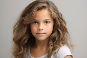 portrait of beautiful little girl with long curly hair over grey background