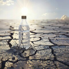 Bottle standing on a cracked earth surface, resilience theme no splash