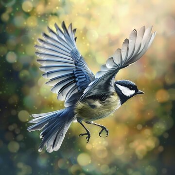 Bird in midflight captured with crystal clear detail against a softfocus natural background, showcasing freedom and motion hyper realistic