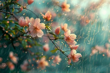 Sunlight Streaming Through Rain on Blossoming Pink Flowers and Green Leaves Nature Background - obrazy, fototapety, plakaty