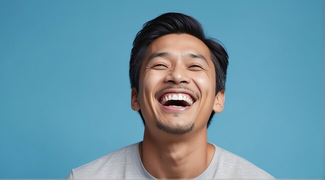 young filipino middle aged man on plain bright blue background laughing hysterically looking at camera background banner template ad marketing concept from Generative AI