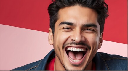 Naklejka premium young hispanic man on plain bright red background laughing hysterically looking at camera background banner template ad marketing concept from Generative AI