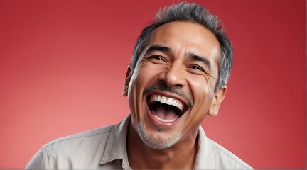 young hispanic middle aged man on plain bright red background laughing hysterically looking at camera background banner template ad marketing concept from Generative AI
