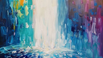 Contemporary abstract palette knife oil painting of a tall waterfall background created with Generative AI Technology