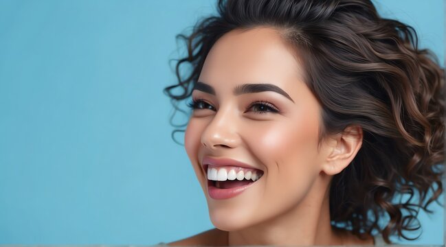 young hispanic woman on plain bright blue background laughing hysterically looking at camera background banner template ad marketing concept from Generative AI