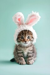 A cute smile kitten in a bunny head, sitting on a light mint plain background, wearing a hat with bunny ears, copy space