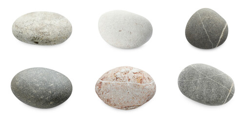 Sea pebbles. Different stones isolated on white, set - obrazy, fototapety, plakaty