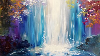 Contemporary abstract palette knife oil painting of a tall waterfall background created with Generative AI Technology - obrazy, fototapety, plakaty