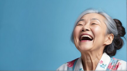 young japanese elderly woman on plain bright blue background laughing hysterically looking at camera background banner template ad marketing concept from Generative AI
