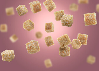 Brown cane sugar cubes falling on dark pink gradient background