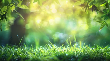 Foto op Canvas natural green background with a frame of grass and leaves. Juicy lush green grass on meadow with drops of water dew sparkle in morning light outdoors © Ilmi