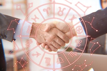 Men shaking hands during meeting in office. Business partner compatibility horoscope