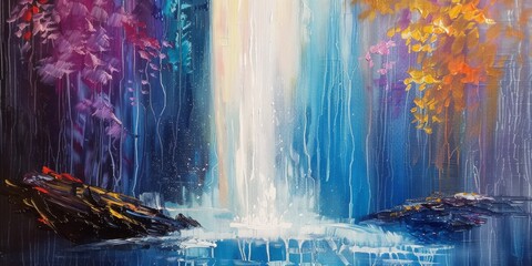 Contemporary abstract palette knife oil painting of a tall waterfall background created with Generative AI Technology