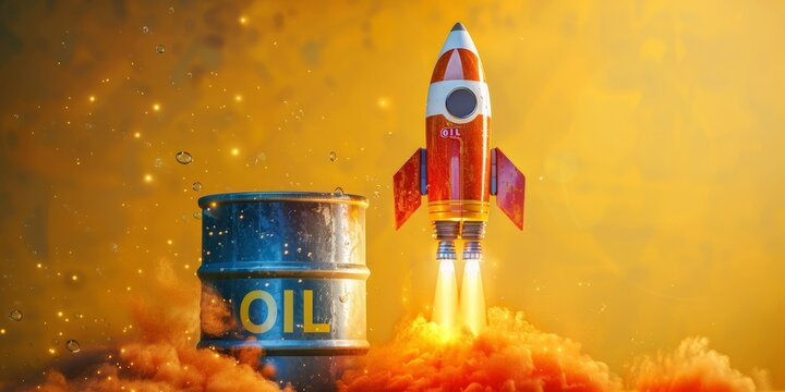Rocket and oil barrel on yellow background, petroleum appreciation concept