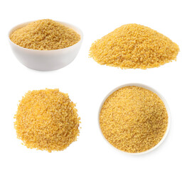 Set of raw bulgur isolated on white, top and side views