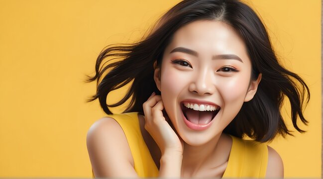 young japanese woman on plain bright yellow background laughing hysterically looking at camera background banner template ad marketing concept from Generative AI