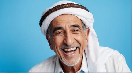 young middle eastern elderly man on plain bright blue background laughing hysterically looking at camera background banner template ad marketing concept from Generative AI