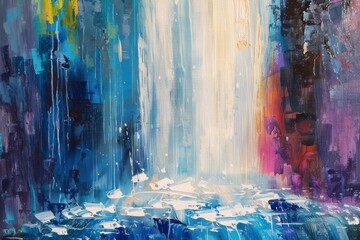 Contemporary abstract palette knife oil painting of a tall waterfall background created with Generative AI Technology - obrazy, fototapety, plakaty
