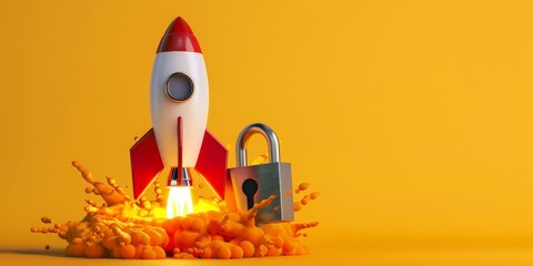 Rocket and padlock on yellow background, startup security concept