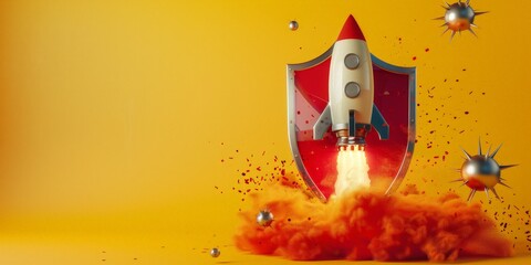 Rocket and red shield on yellow background, startup security concept - obrazy, fototapety, plakaty