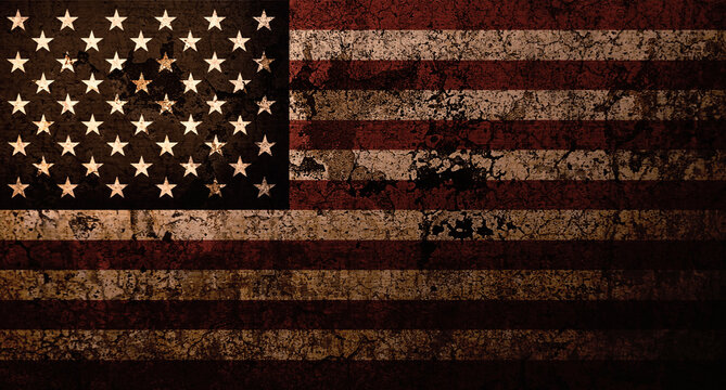 Old American Flag on the damaged Wall background. United States of America flag backdrop wallpaper in old grunge texture style