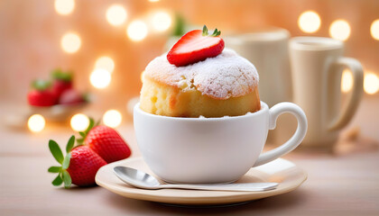 A vanilla mug cake with powdered sugar and a strawberry on top, served with a silver spoon in a beige mug