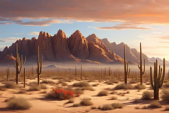 "Explore the rugged beauty of the Arizona desert with vast sand dunes, towering rocks, and sparse vegetation under warm hues. Serene and timeless allure captured in dynamic lighting.